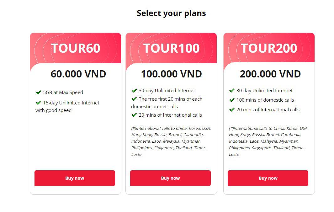 Touristst SIM plans of Viettel Vietnam