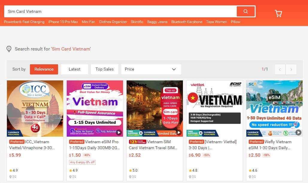 Vietnam sim cards sold on Shopee