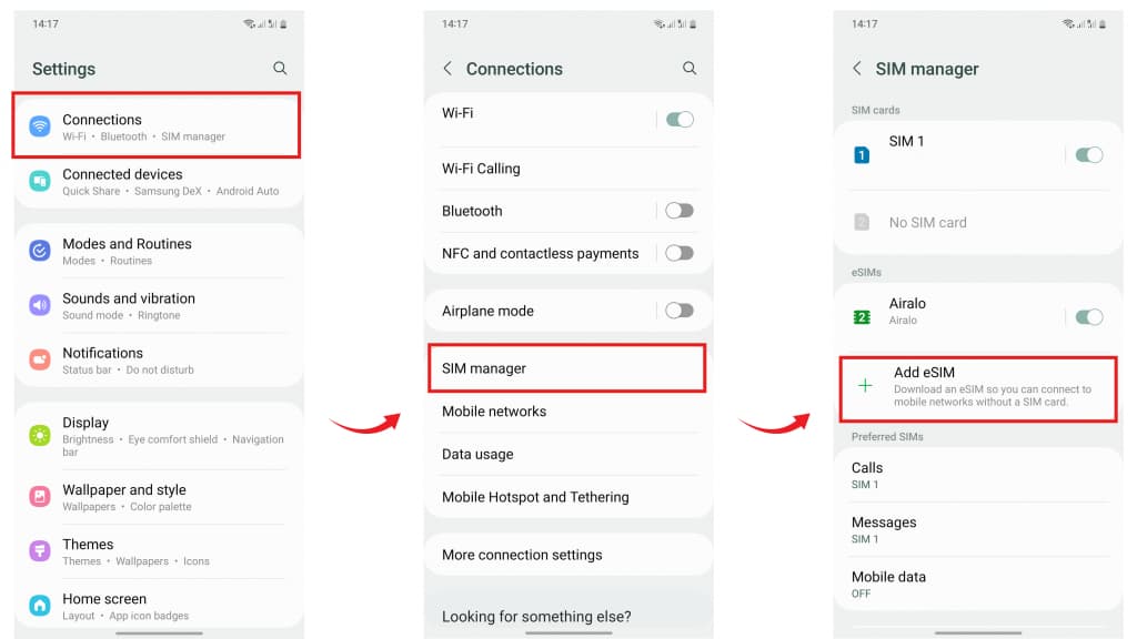 Check support eSIM on Galaxy A54 by check phone settings