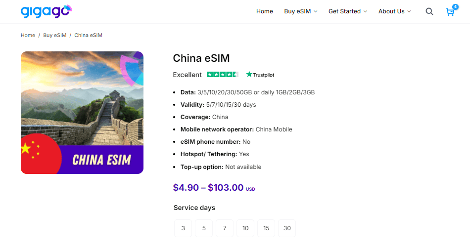 China esim for tourists by Gigago