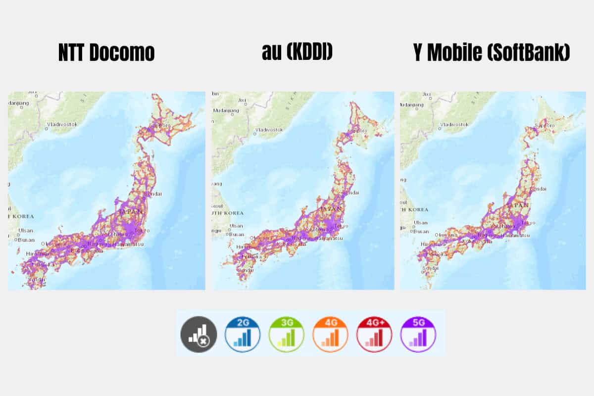 Coverage maps of Japanese mobile operators