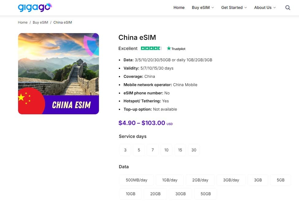 eSIM for China by Gigago as an alternative to public WiFi in China