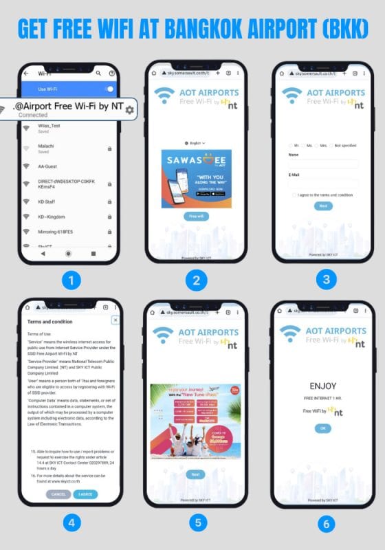 Process to get free WiFi at Bangkok Airport (BKK)