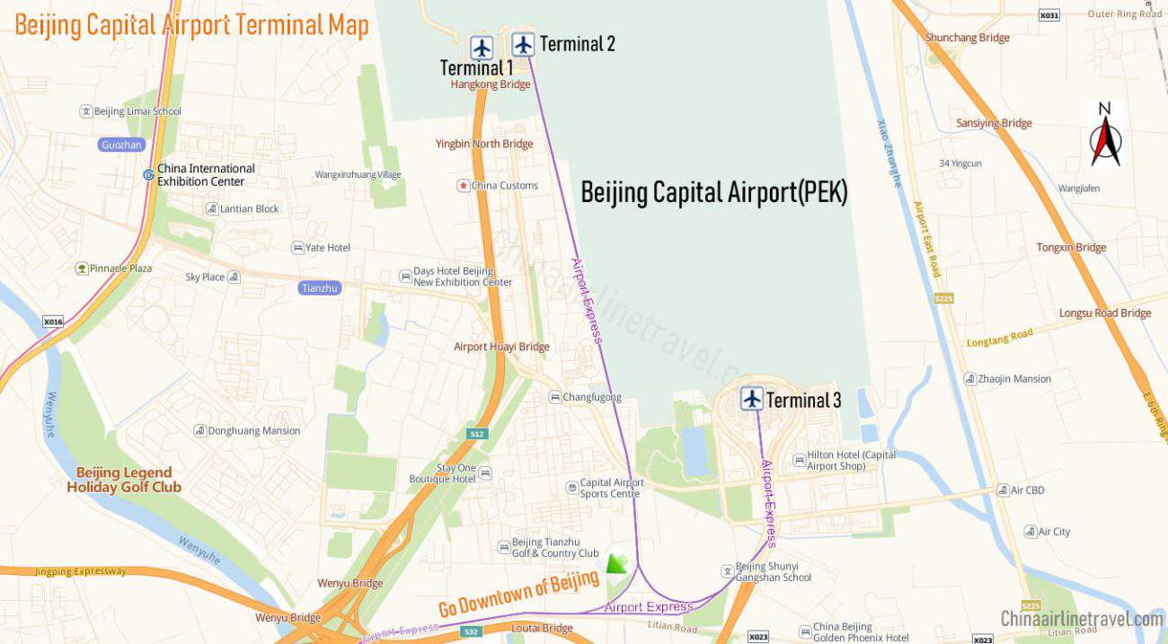 Map of PEK airport T3, T2, T1