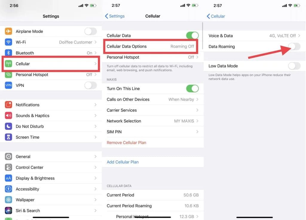 turn off data roaming on iphone