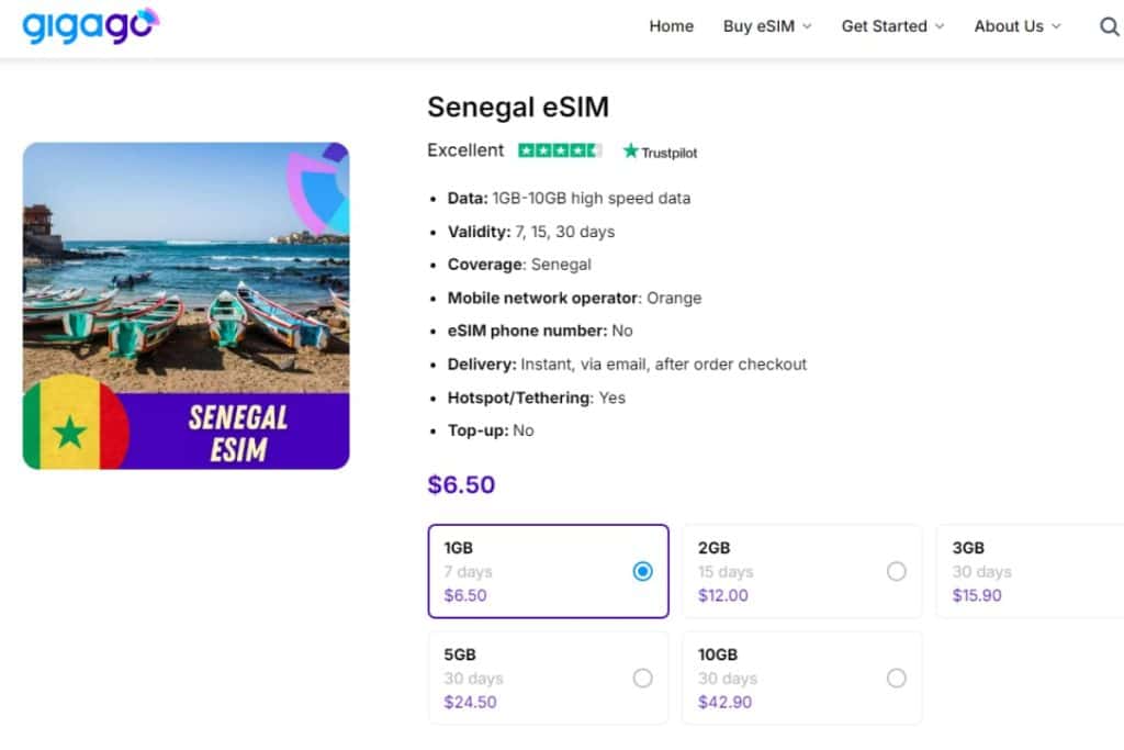 Gigago eSIM plans for Senegal