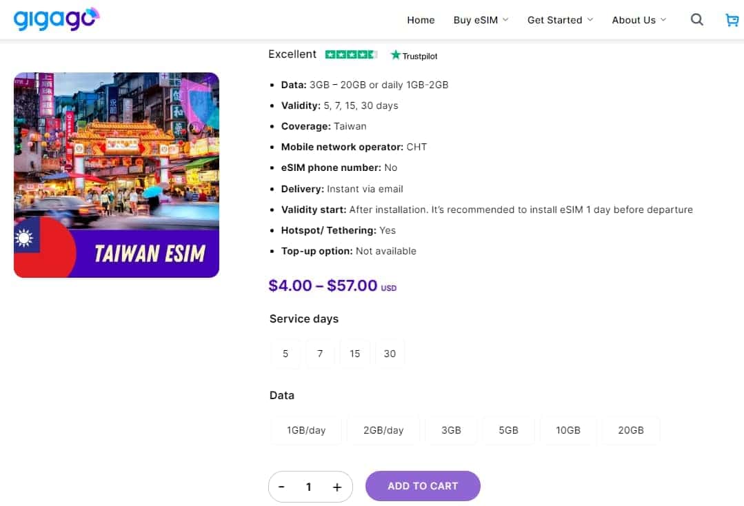 Taiwan eSIM from Gigago