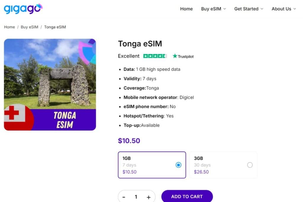 Gigago's eSIM plans for Tonga