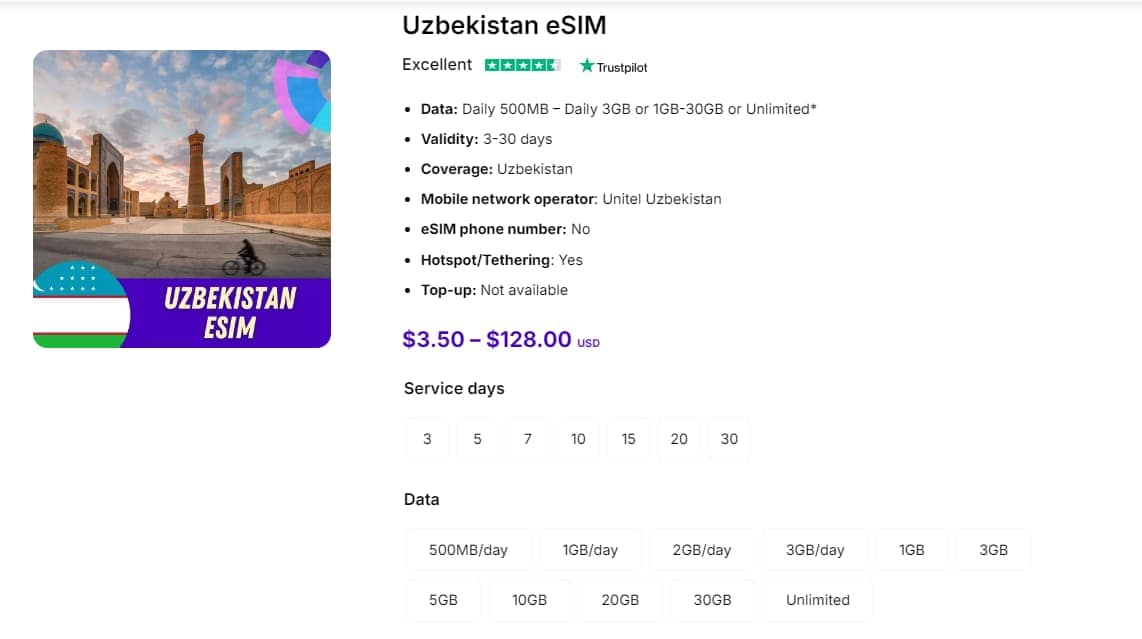 Uzbekistan SIM Card plans in Gigago