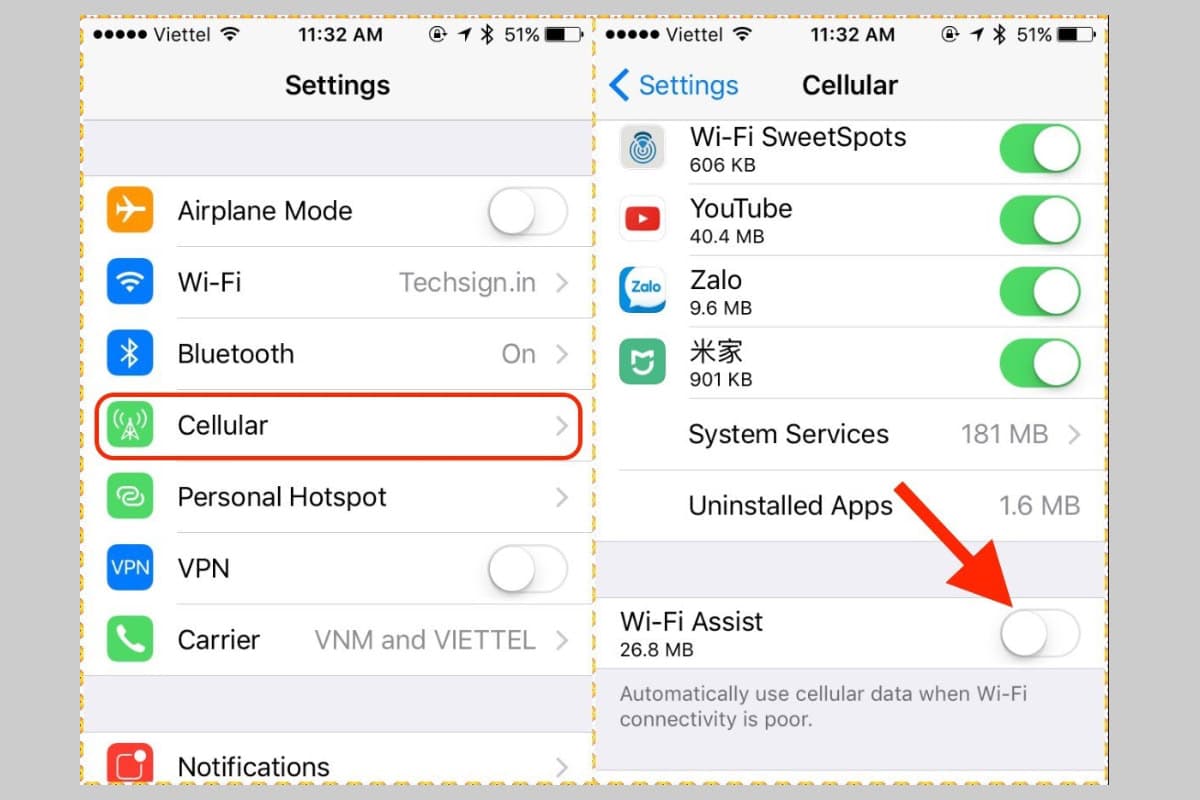 steps to turn on and off wifi assist on iPhone