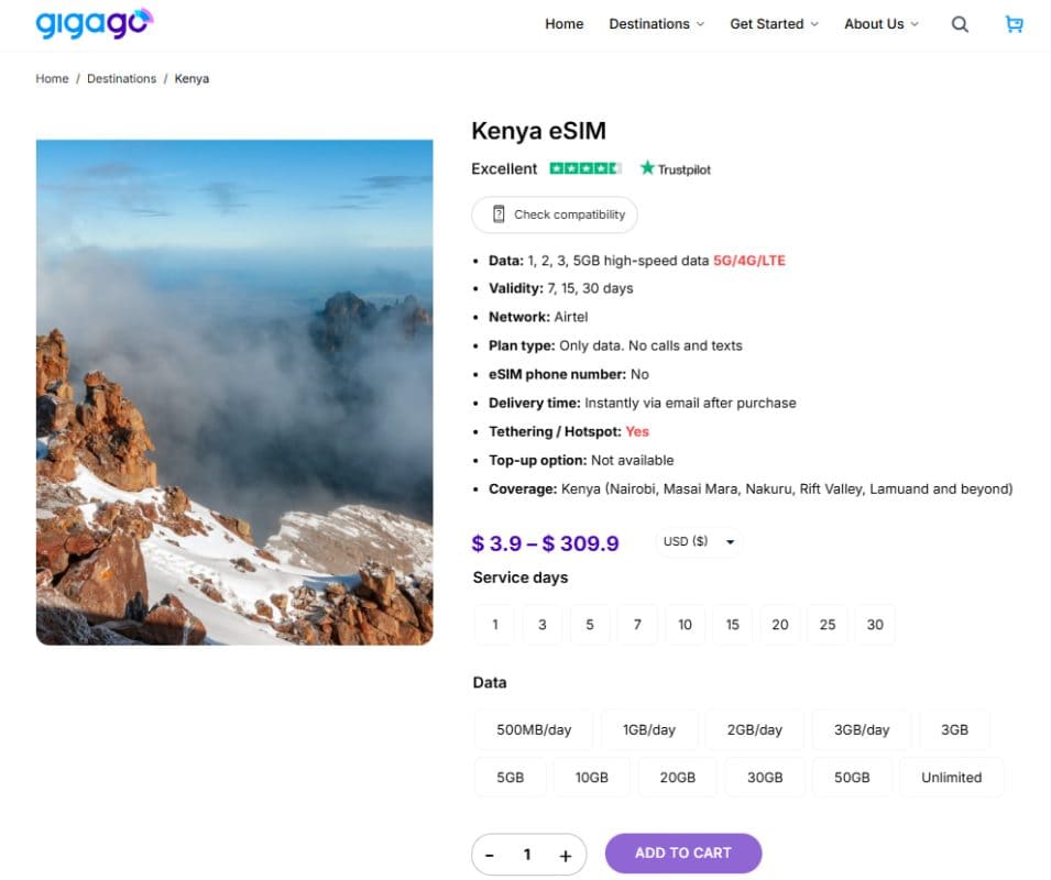 Kenya eSIM by Gigago as alternative to NBO airport SIM card