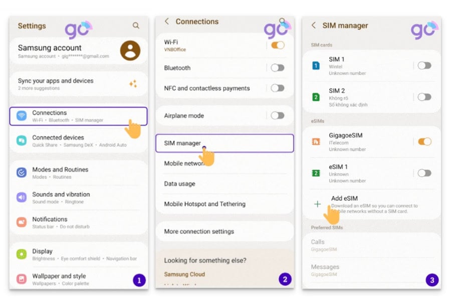 Steps to set up eSIM on Android devices - step 1-2-3