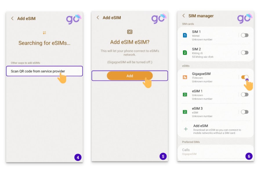 Steps to set up eSIM on Android devices - step 4-5-6