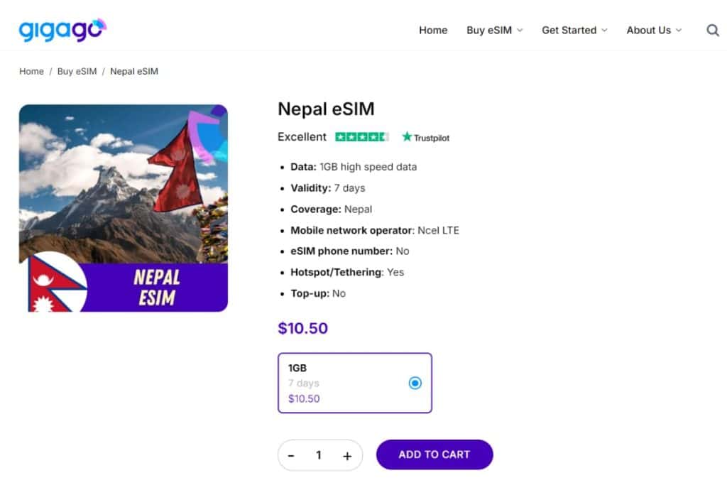 Gigago eSIM plans for Nepal