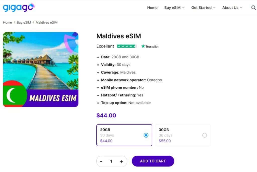 Gigago eSIM plans for Maldives