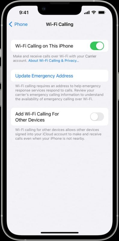 Turning on WiFi calling on iPhone 