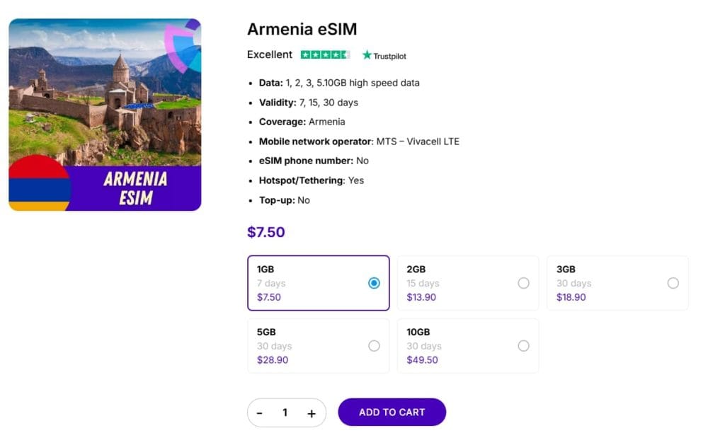 Armenia eSIM from Gigago