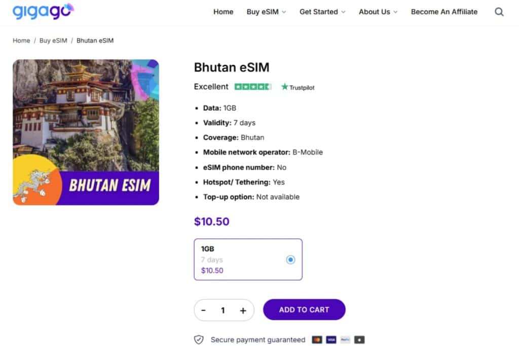 Gigago eSIM plans for Bhutan