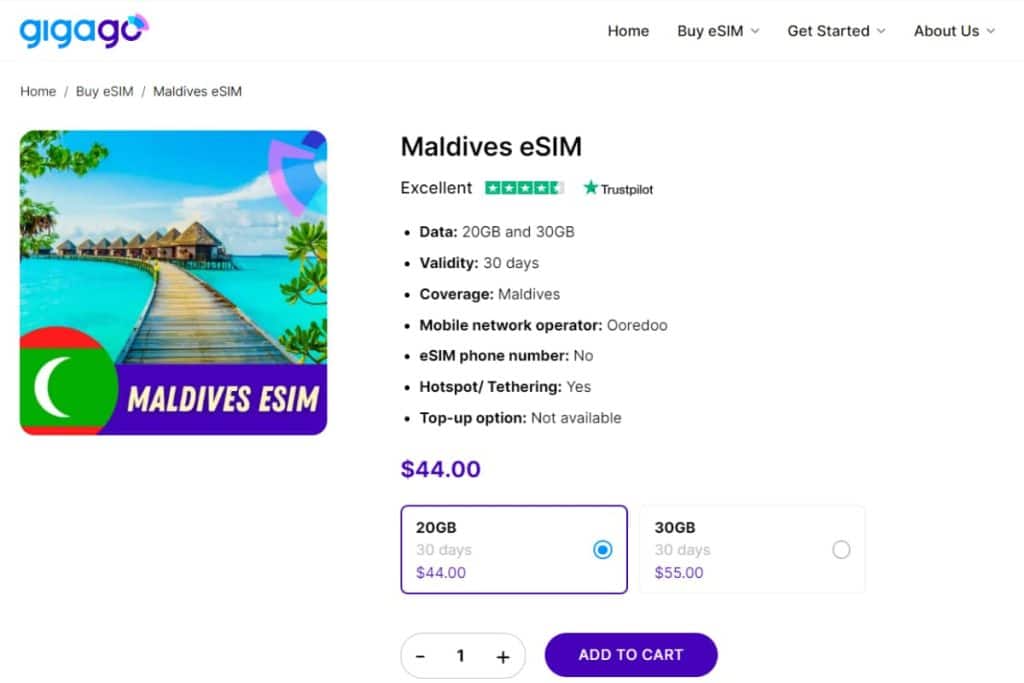 Gigago eSIM packages for Maldives