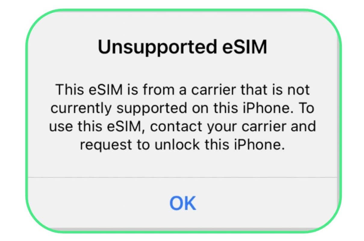 error message of unsupported esim on iPhone