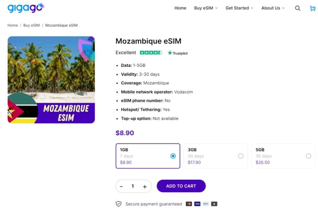 Gigago eSIM packages for Mozambique