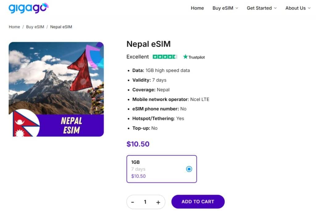 Gigago eSIM plans for Nepal