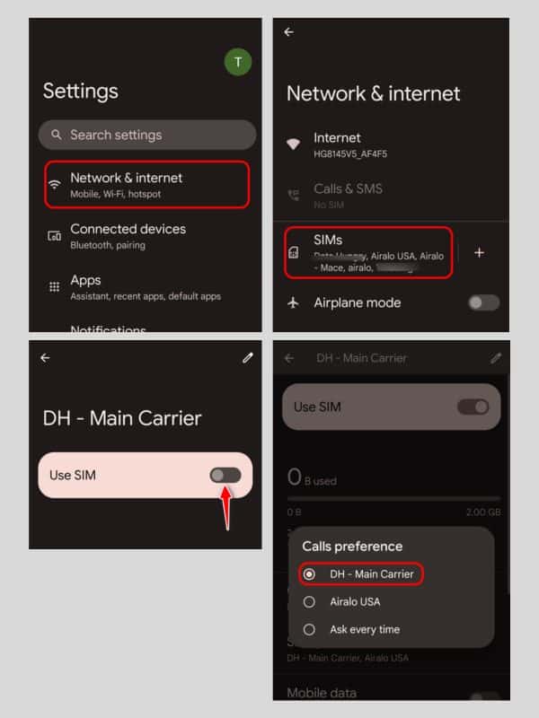 Steps to set default line for calls and SMS with data-only eSIM on Google Pixel devices