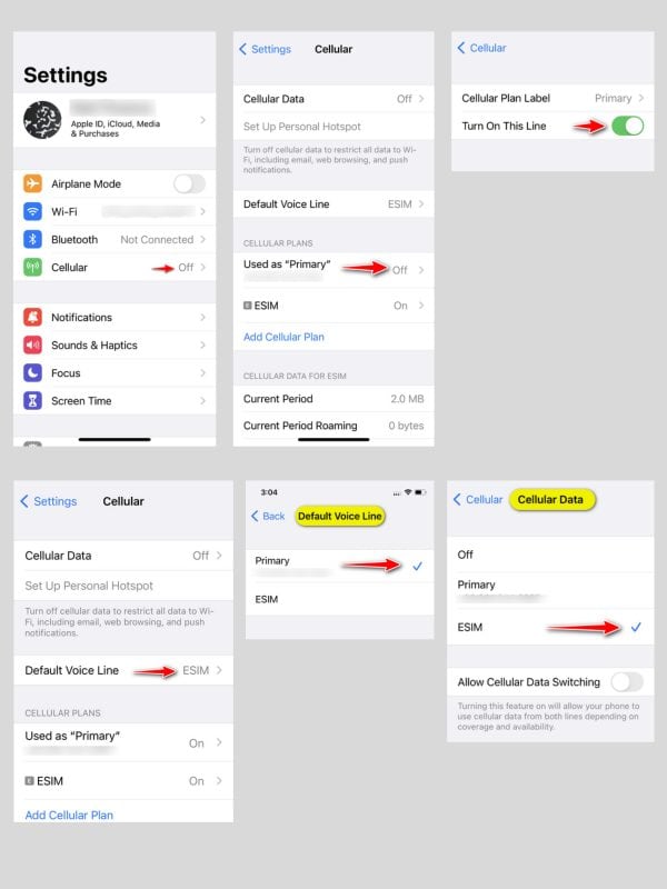 Steps to set default line for calls and SMS with data-only eSIM on iOS devices