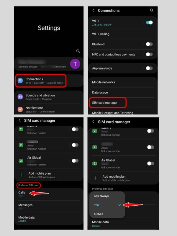 Steps to set default line for calls and SMS with data-only eSIM on Samsung devices - option 2