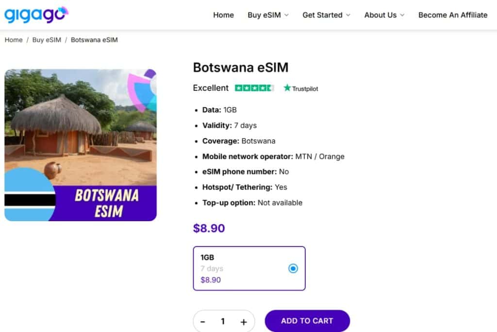 Gigago eSIM plans for Botswana