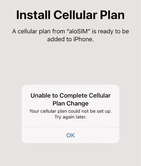 "unable to complete cellular plan change"error on iPhone