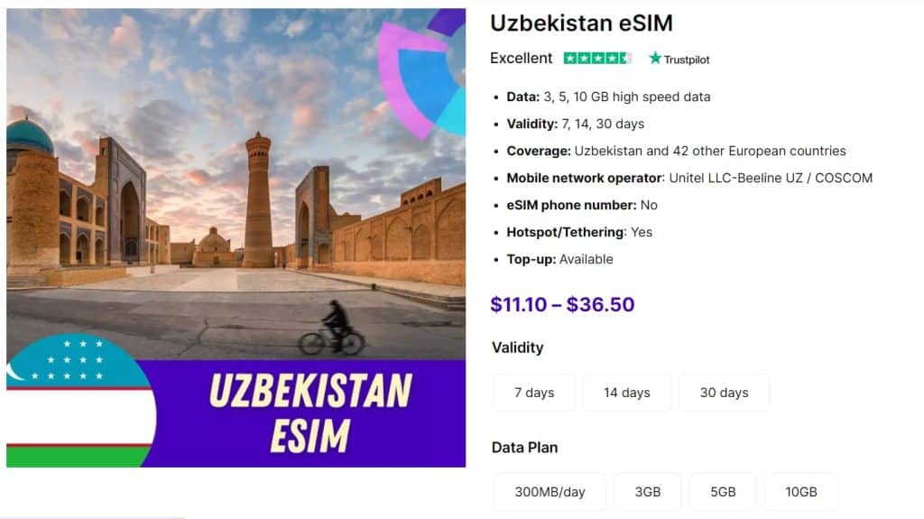 Uzbekistan eSIM Gigago plans