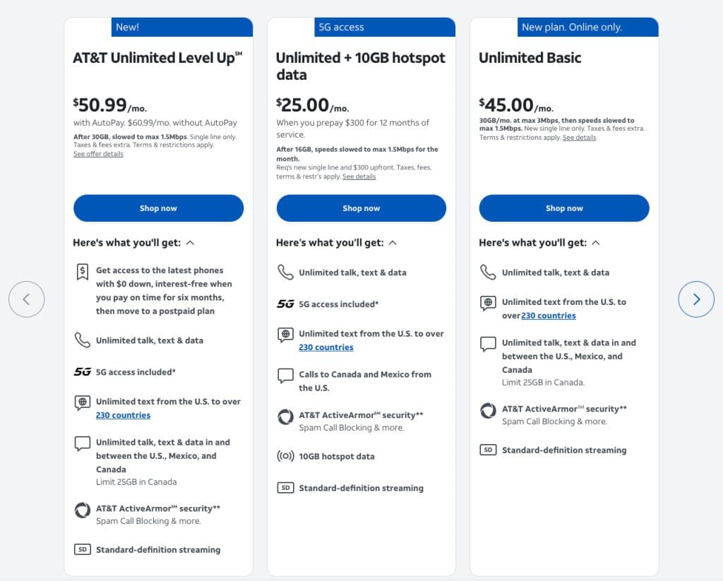 att prepaid plans usa