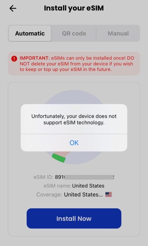 Device does not support eSIM 