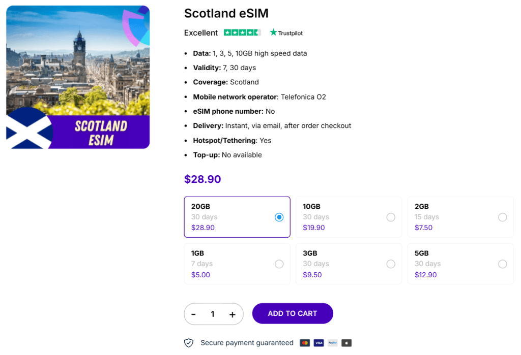 Stay connected affordably in Scotland with a Gigago eSIM.