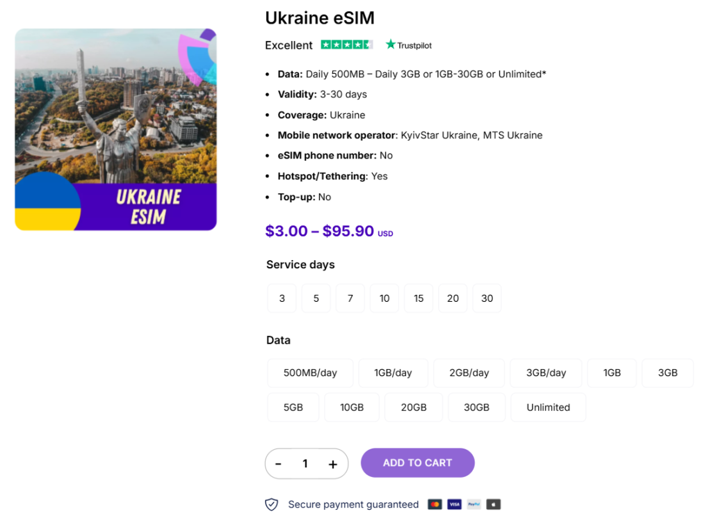 You can buy Kyivstar eSIM from Gigago when travelling to Ukraine.