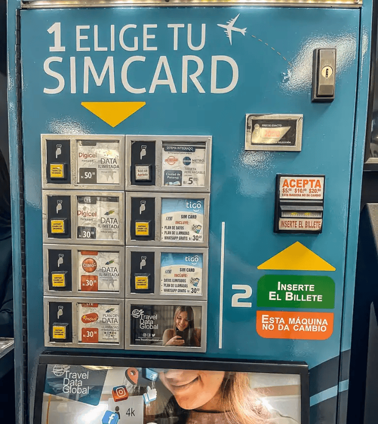 Buying Panama SIM card at Panama Tocumen Airport from self-service vending machine.