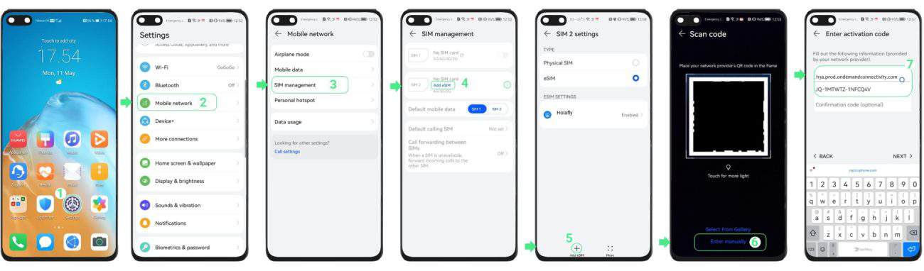 steps to set up eSIM on Huawei phone by entering activation code