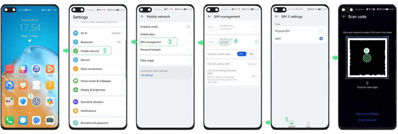 Set up eSIM on Huawei phone by scanning a QR code