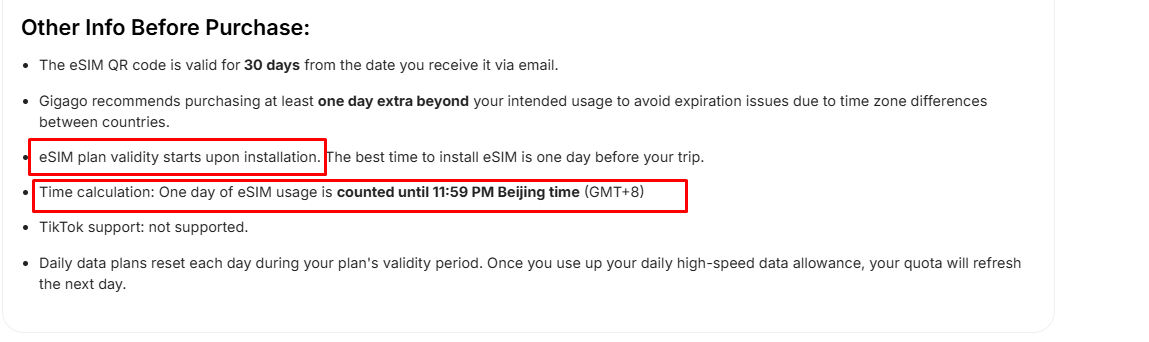 The validity of a China eSIM from Gigago starts from the moment of installation.