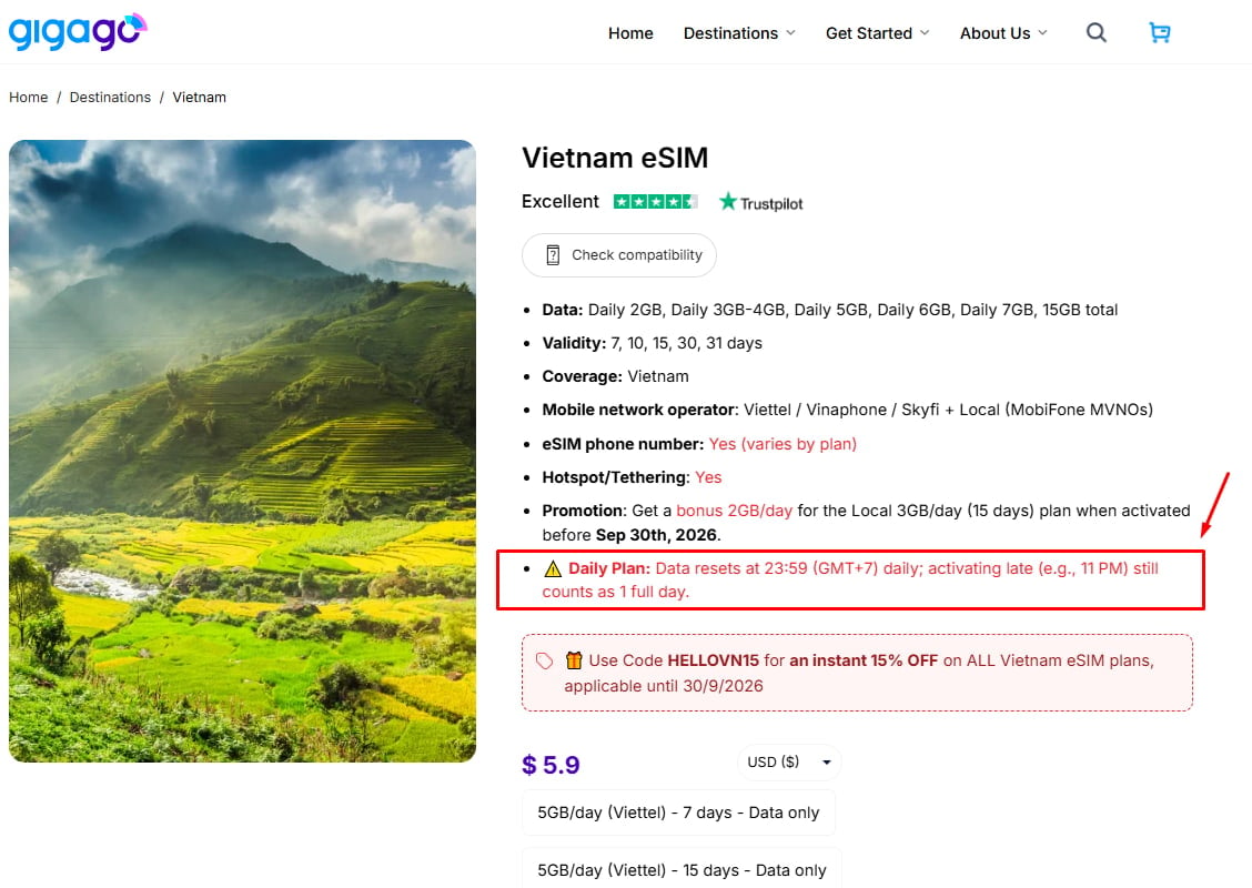 Gigago's Vietnam eSIM validity starts as soon as you install it, with time calculated in GMT+7.