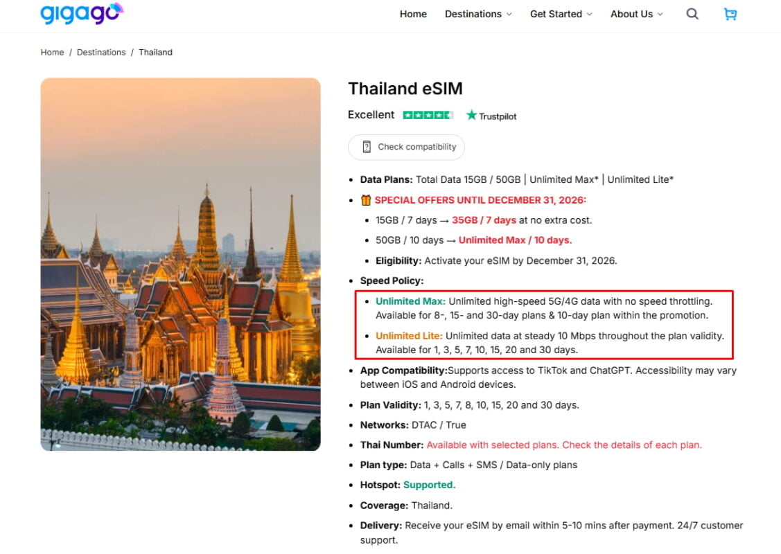 Policy of different types of unlimited plans of Gigago's Thailand eSIM